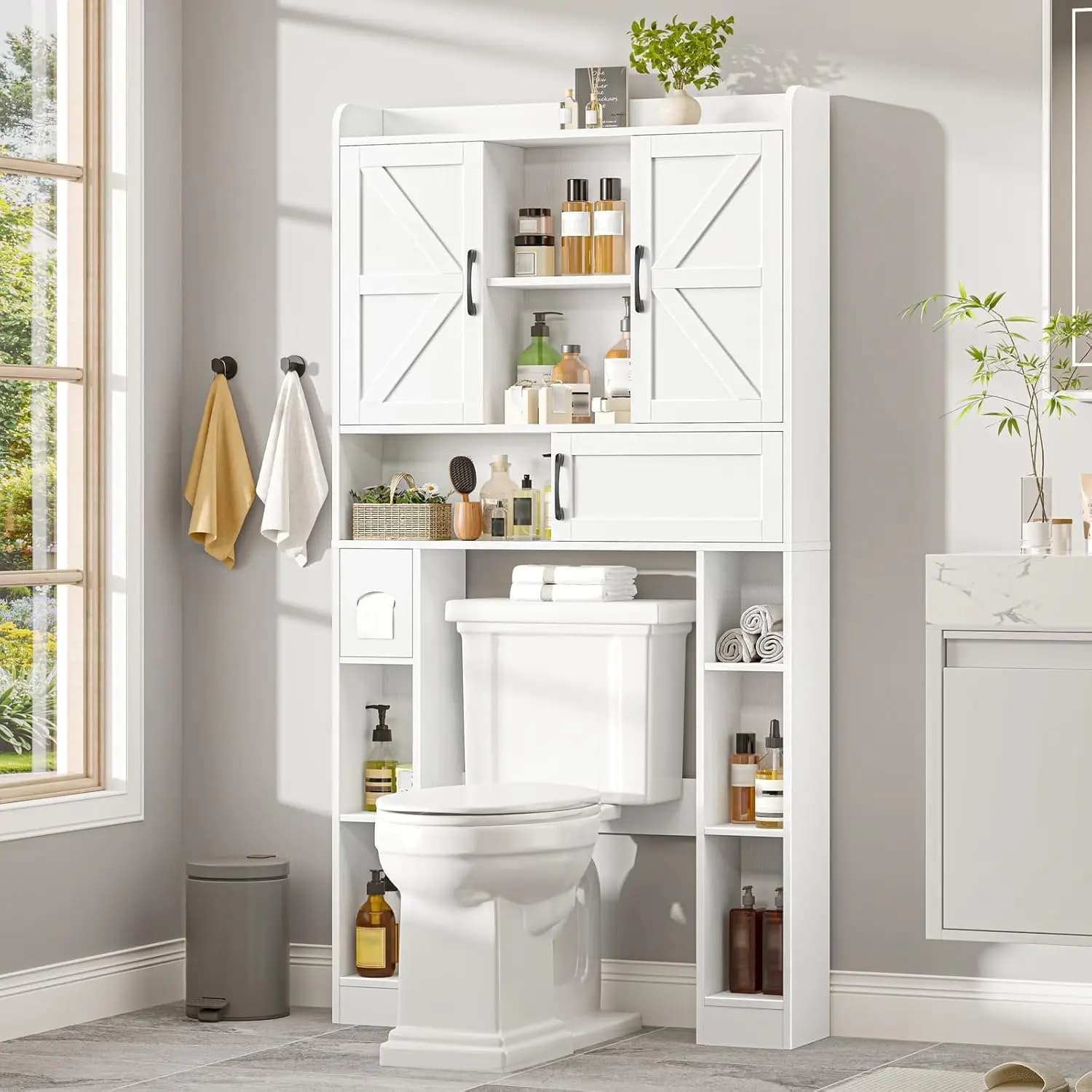 Over The Toilet Cabinet with 2 Barn Doors & Sliding Door, Farmhouse Toilet Cabinet Rack with Toilet Paper Holder, Customized