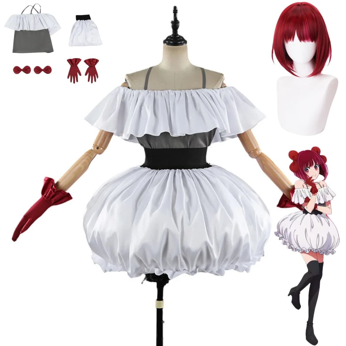 Costume Cosplay Anime OSHI NO KO Stagione 3 Arima Kana, Gonna Bianca con Spalle Scoperte, Gonna Lolita, Parrucca, Completo Natalizio Carino per Donna