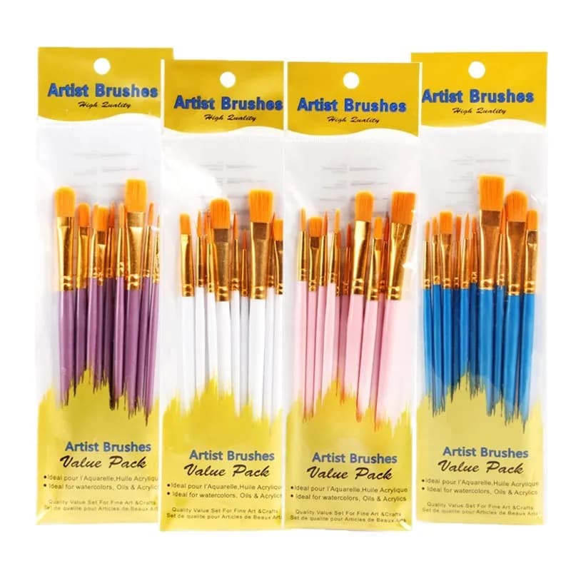10pcs Nylon Artist Paint Brushes Multi Color Handle Watercolor Oil Acrylic Painting Brush for Art DIY Craft
