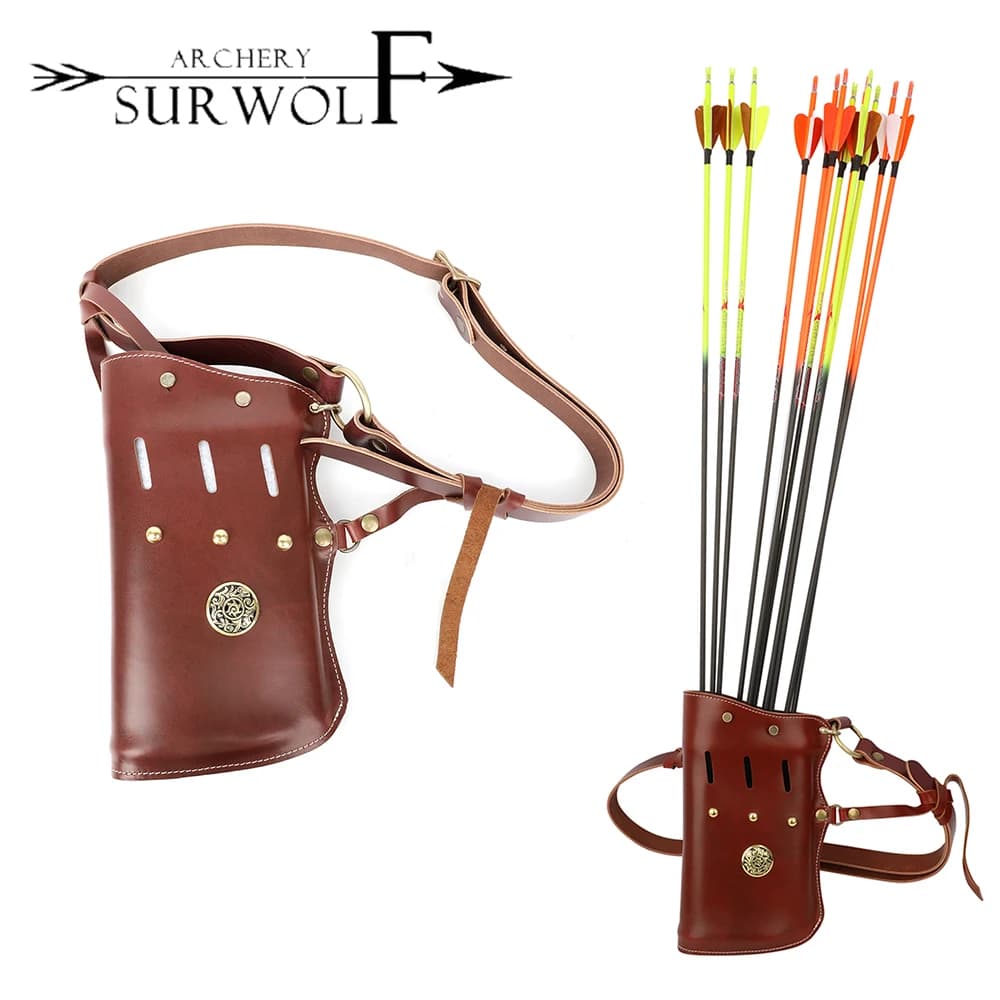 Oil-waxed Leather Arrow Quiver Bag Brown Three-layer Partition Archery Arrow Bag For Outdoor Hunting Shooting Sports Accessories