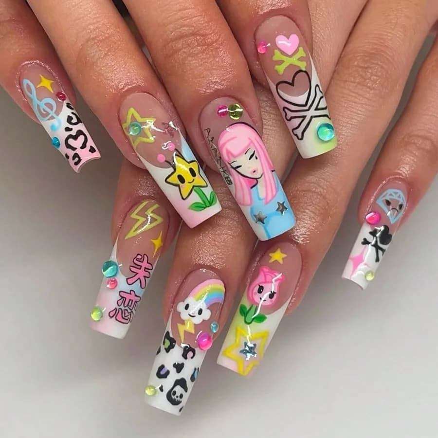 24 pieces of long fake nails with rainbow pattern and Japanese cartoon girl in Y2K style, cute nails, reusable and wearable for everyday use.