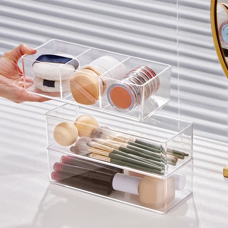 Scatola portaoggetti a strati per trucco in acrilico trasparente Tavolo da toeletta Scatola per griglia di finitura per rossetto cosmetico Scomparto portaoggetti per cassetto da tavolo
