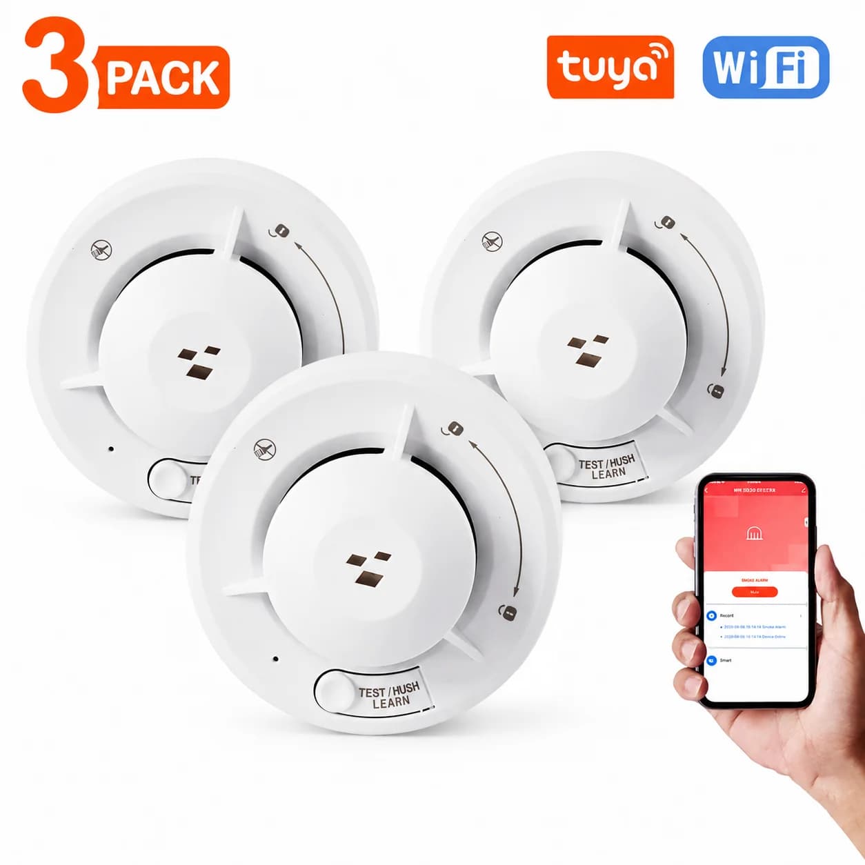 CCEsafety 3 Pack Smoke Ddetector Tuya Wifi Tuya APP Alerts 10 Years Sensor Llife AA Battery Powered EN14604 Certified For Hhome
