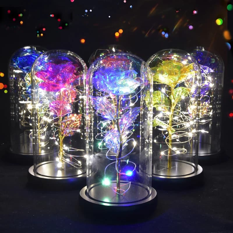 Regali per le donne la bella e la bestia Rose stabilizzate In vetro Galaxy Rose LED Light fiore artificiale regalo di compleanno per ragazze