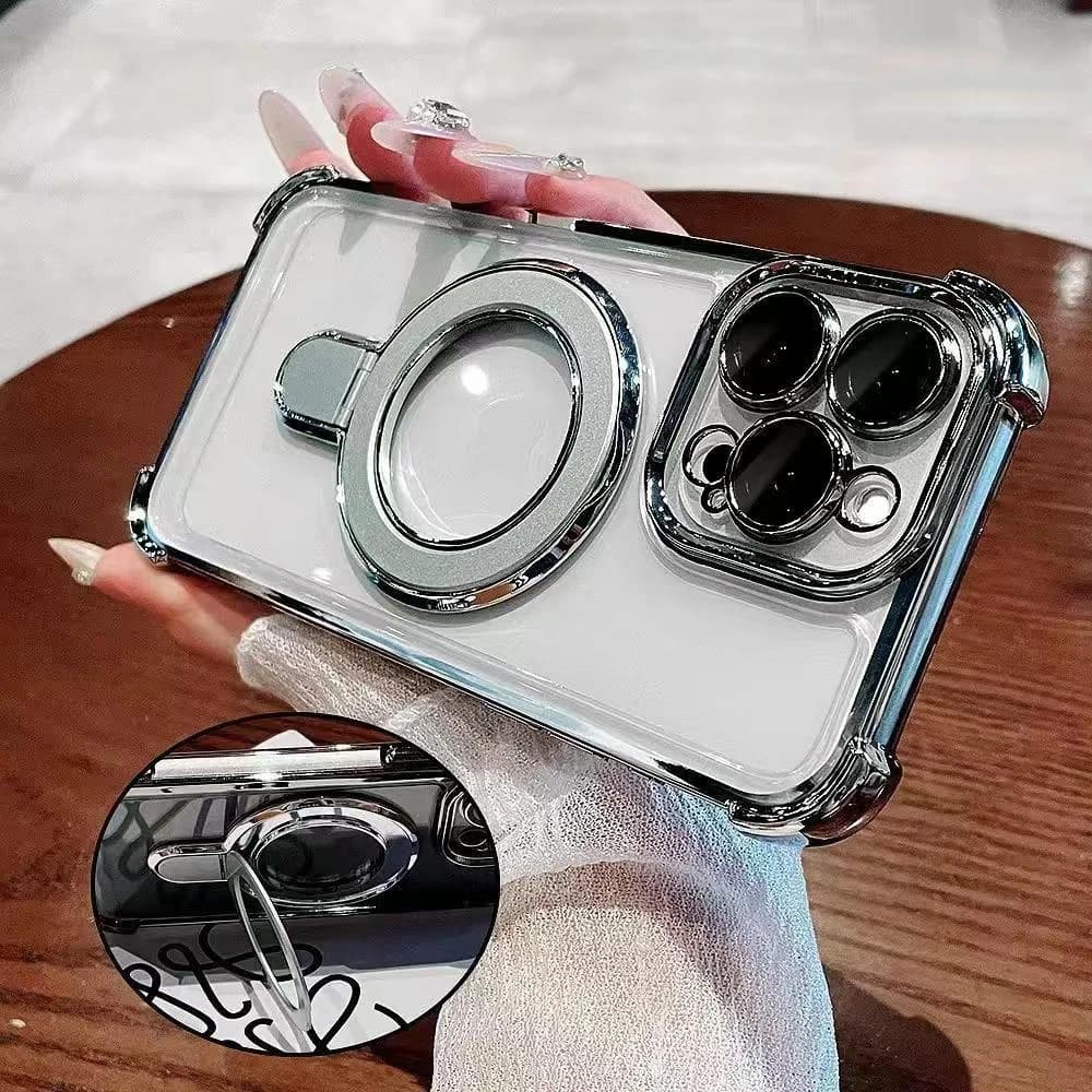 Luxury Electroplated Transparent Magnetic Ring Holder Wireless Charging Case For iPhone 17 16 15 14 13 12 11 Pro Plus Air Cover
