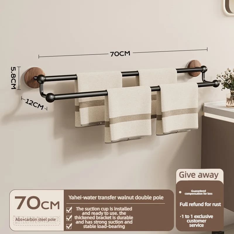 Timo. Portasciugamani da bagno minimalista senza foratura, a barra singola o doppia, con finitura effetto noce, con ventosa, 60CM-70CM