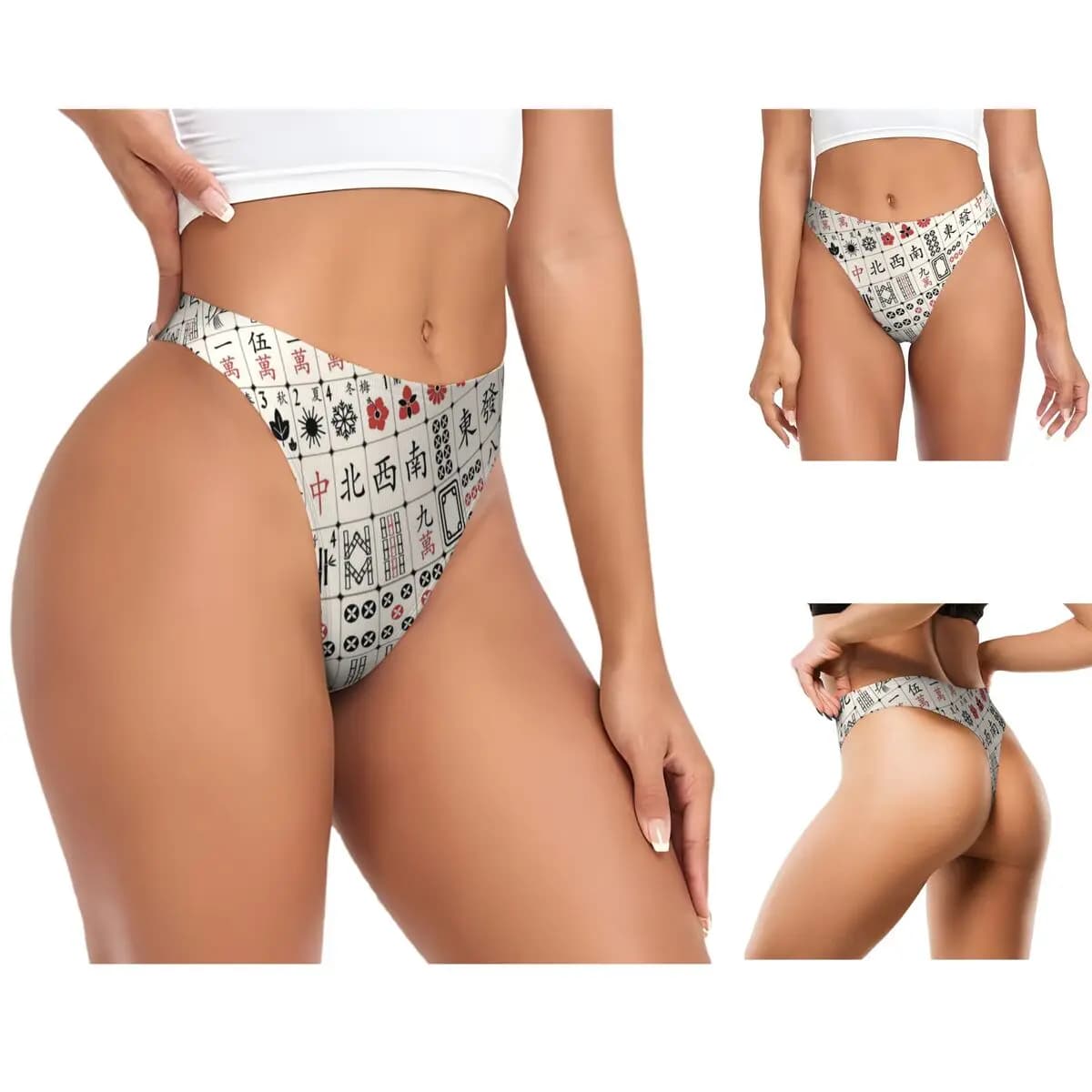 Slip G-string con motivo Mahjong personalizzato, traspirante, elasticizzato, comodo, per donna.