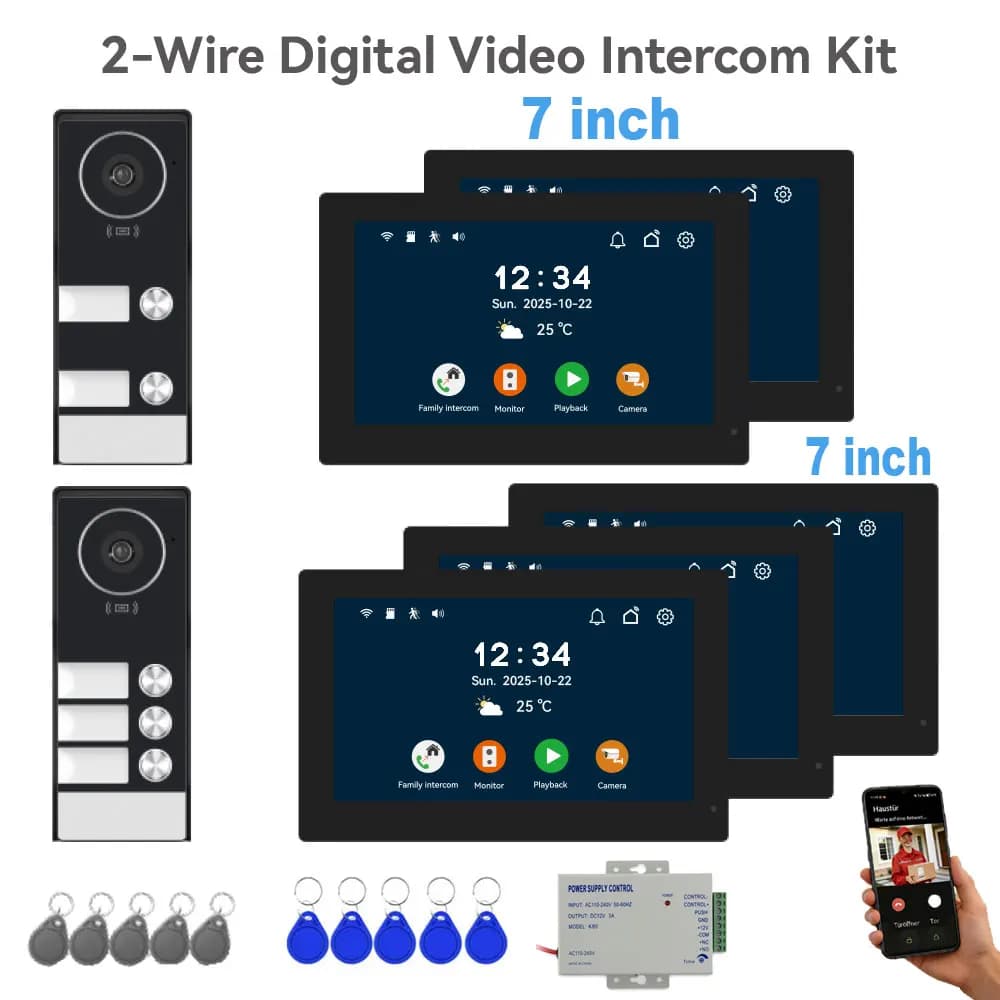 Sistema Videocitofonico a 2 Fili per 2-4 Appartamenti, Monitor WIFI da 7 Pollici 1080P, Videocitofono con Telecamera, Sblocco Tramite Scheda Tuya