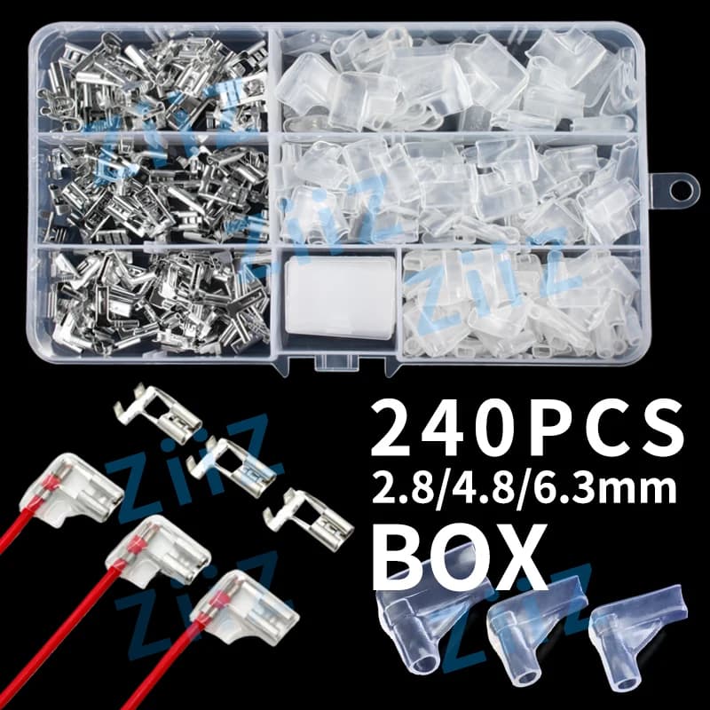 240 Pz SCATOLA Bandiera elettrica/Angolo Retto Terminale A Crimpare Connettori Set 2.8 4.8/6.3mm Femmina + Guaina Ottone Argento Auto ZiiZ