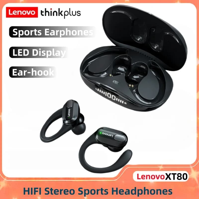 Auricolari wireless Bluetooth Lenovo XT80 ENC con riduzione del rumore delle chiamate, stereo HiFi, controllo touch, ricarica Type-C, cuffie sportive con microfono