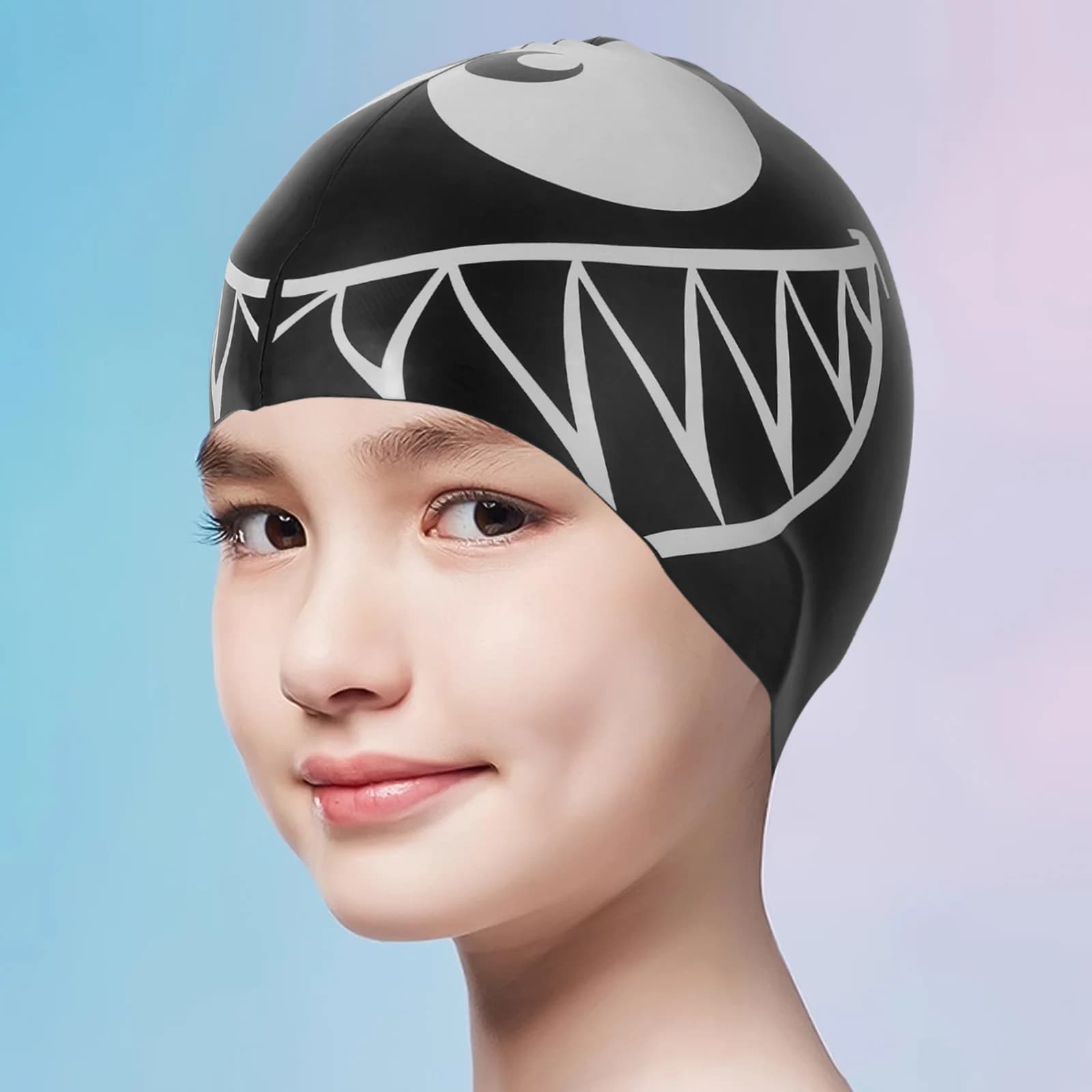 Funny Silicone swim cap with children's shark, waterproof, for cartoons, ear protection, pool, beach, black silicone bath head