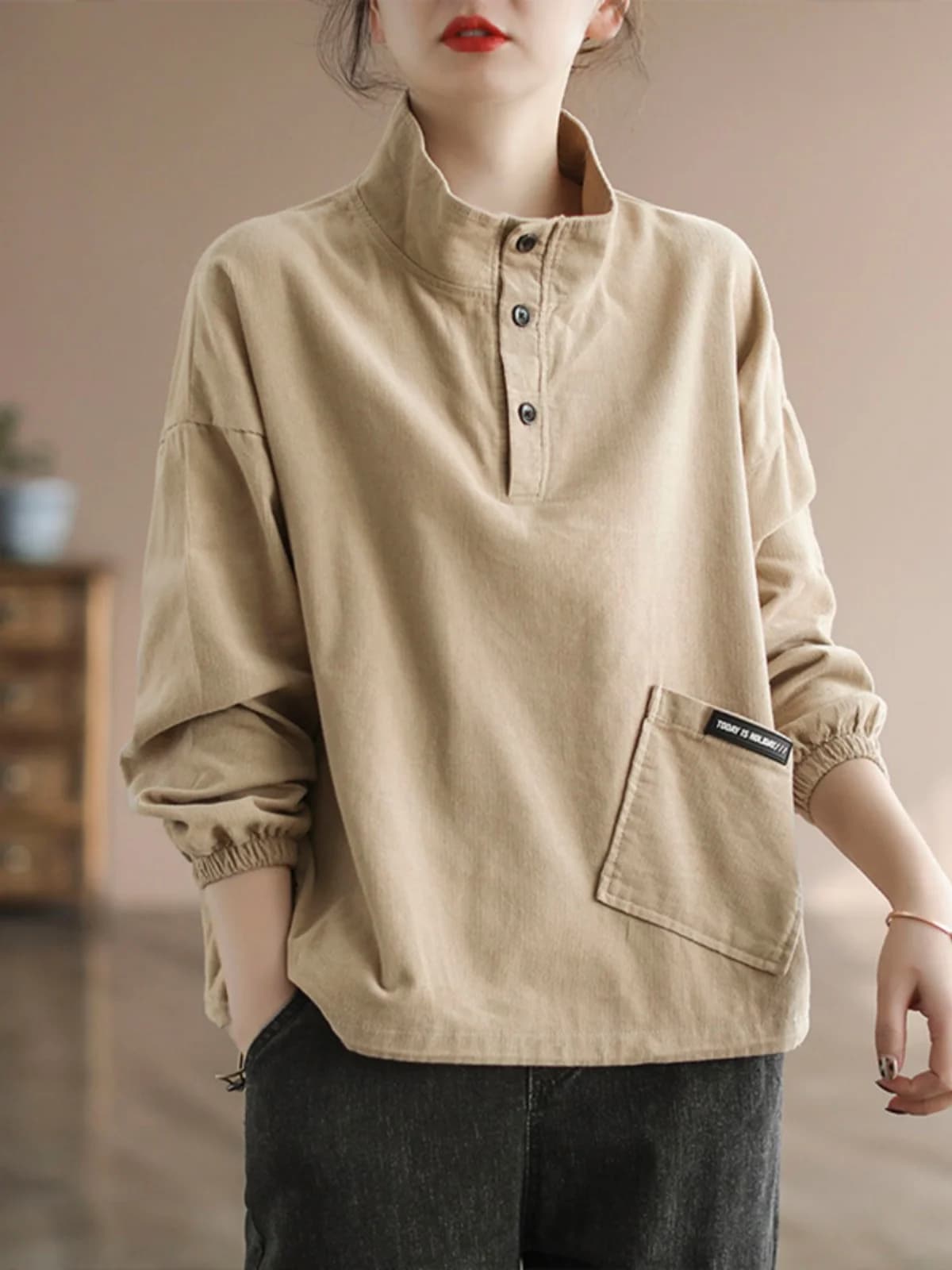 Women's Cotton Velvet Hoodie Spring Autumn Fashion Large Pocket Long Sleeve Half High Collar Sweatshirt Comfortable Casual Top