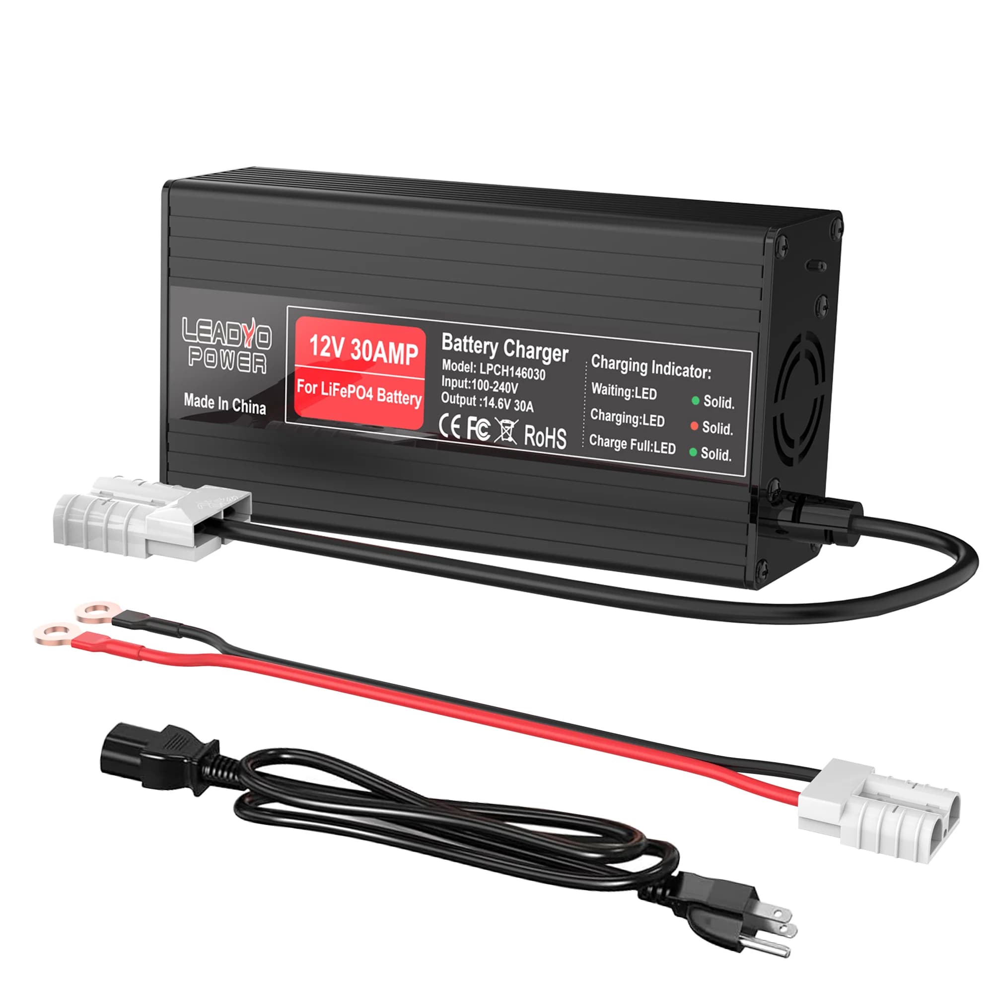 Caricabatterie Lifepo4 14.6V 30A per Batterie 12V 30Ah, Caricatore Rapido Intelligente con Connettore M8 Anderson