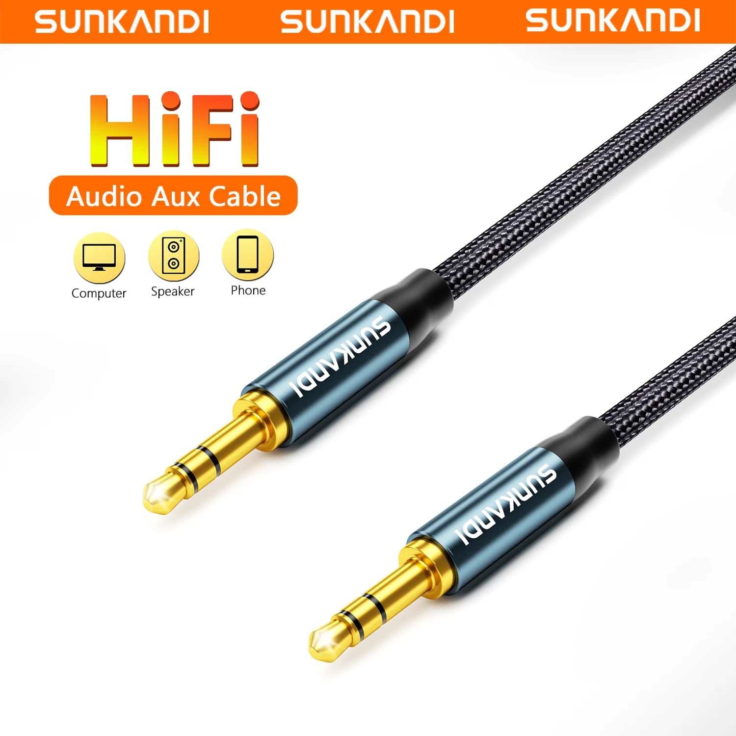 SUNKANDI Cavo audio da 3,5 mm Cavo audio AUX stereo da maschio a maschio per auto, jack per cuffie, altoparlante, stereos domestici, smartphone