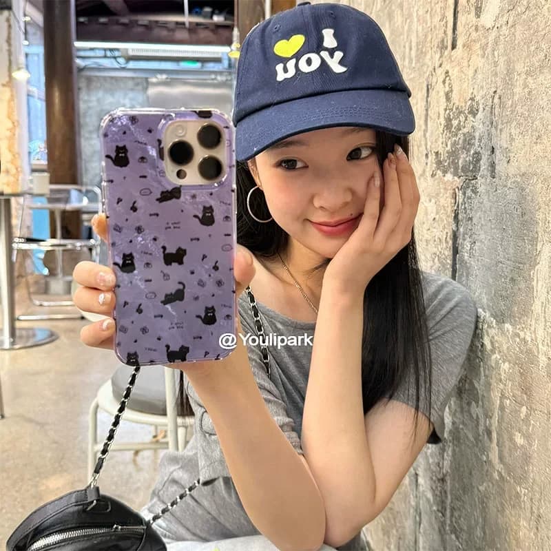 Phone Case with Cat and Purple Flowers, Y2K Style, for iPhone 17 AIR 16 15 14 13 12 11 Pro XR XS Max 7 8 Plus Mini