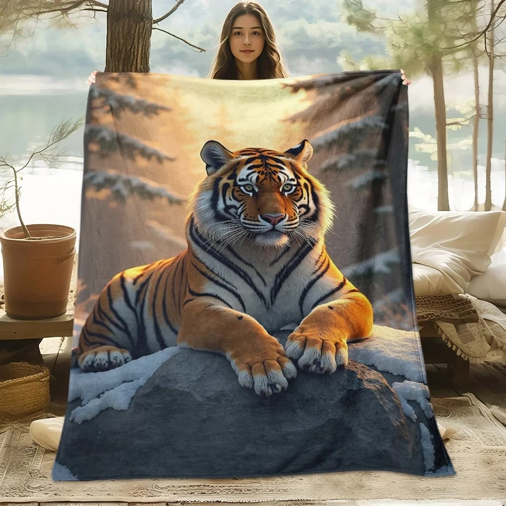 Premium Tiger Print Fleece Throw Blanket for Sofa Couch Bed Microfiber Winter Decor Gifts Cozy Plush Animal Art Warming Throw