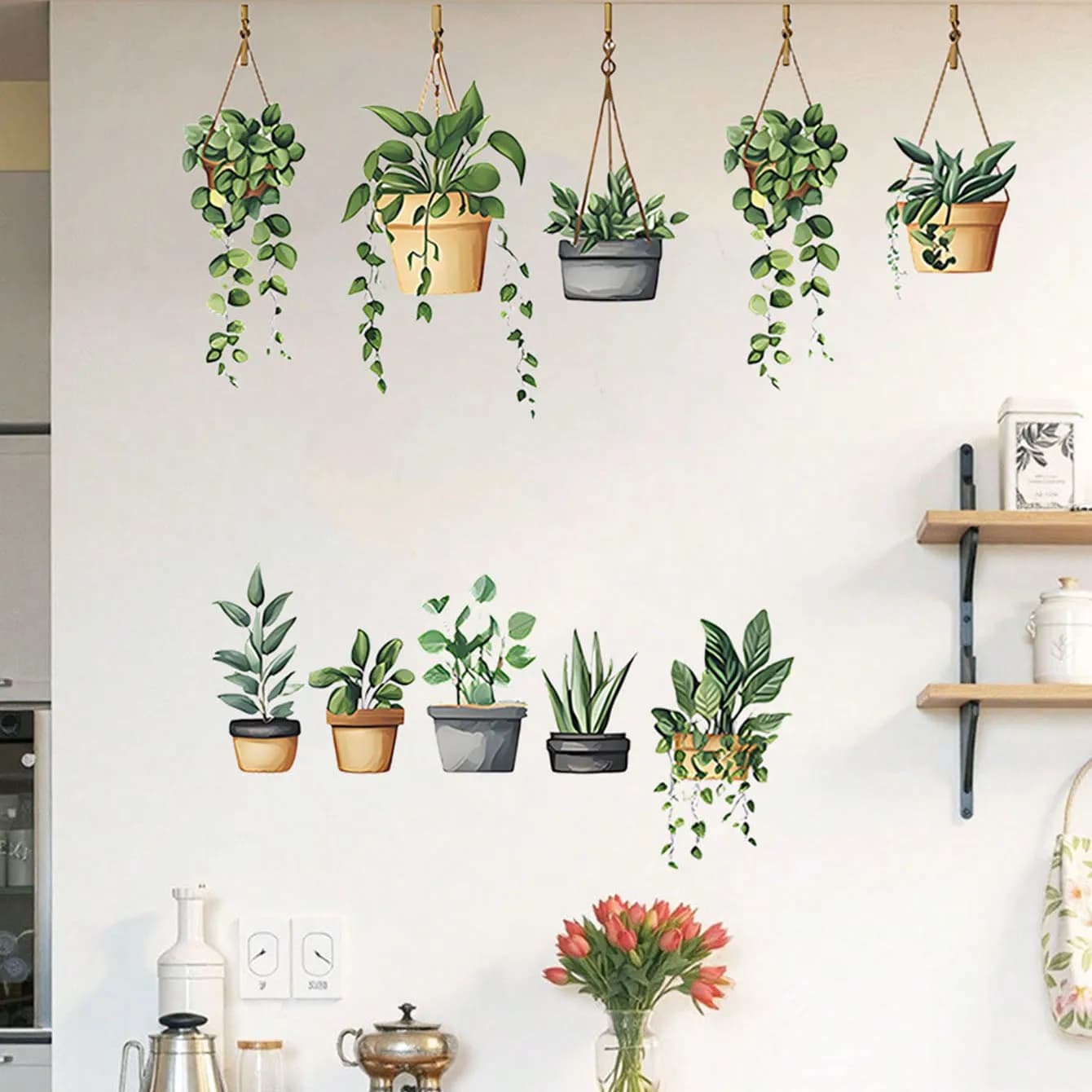 Wall decals with Green Plants in Vase, Tropical Botanical Decorations for Bedroom, Living Room, Office and Kitchen