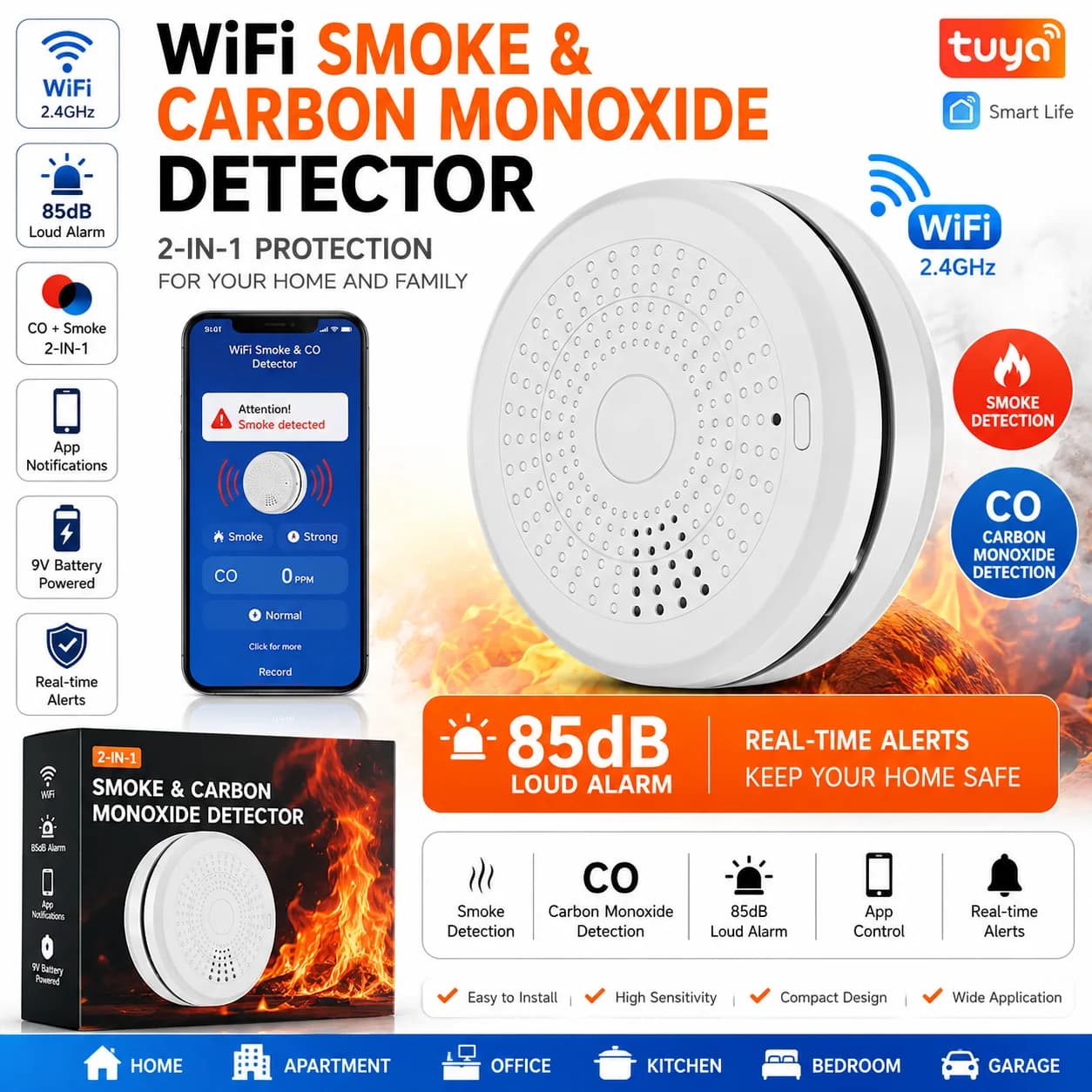 Tuya WiFi 2-in-1 Smoke & CO Detector 85dB Fire Carbon Monoxide Alarm Smart Home Security Sensor Work with Smart Life APP Alexa