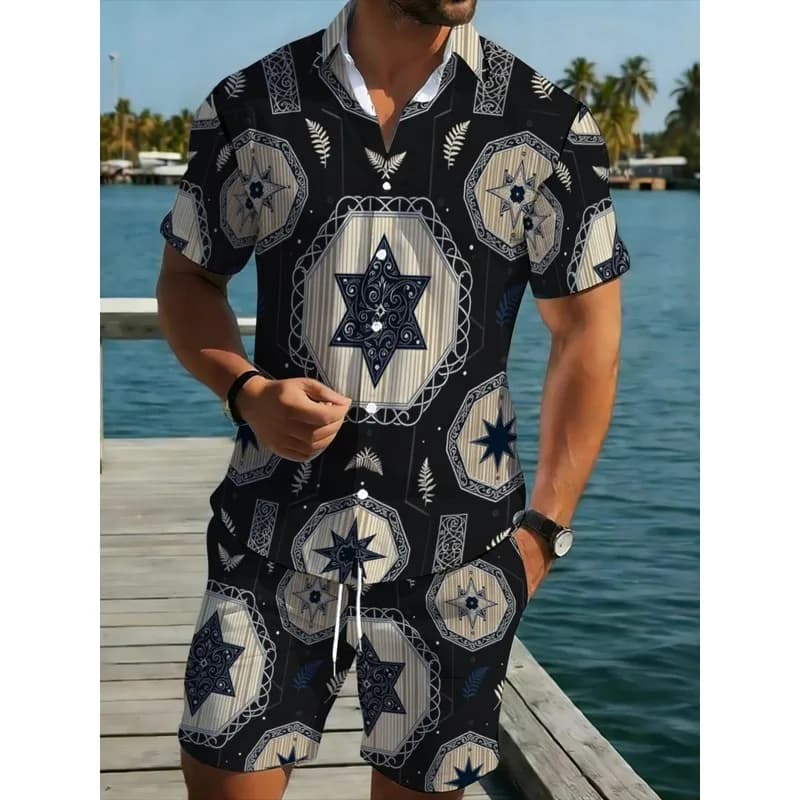Star Pattern Mens Two Piece Shirt And Shorts Set Black Hawaiian Print Casual Beach Wear For Holiday Pool Party Outdoor Activitie
