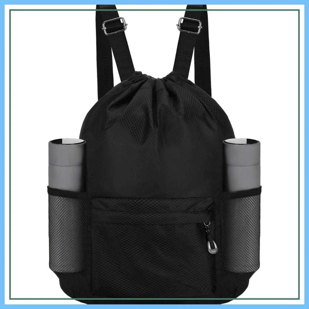 Borsa impermeabile con coulisse, zaino leggero con portabottiglie e tasche per sport in palestra, nero