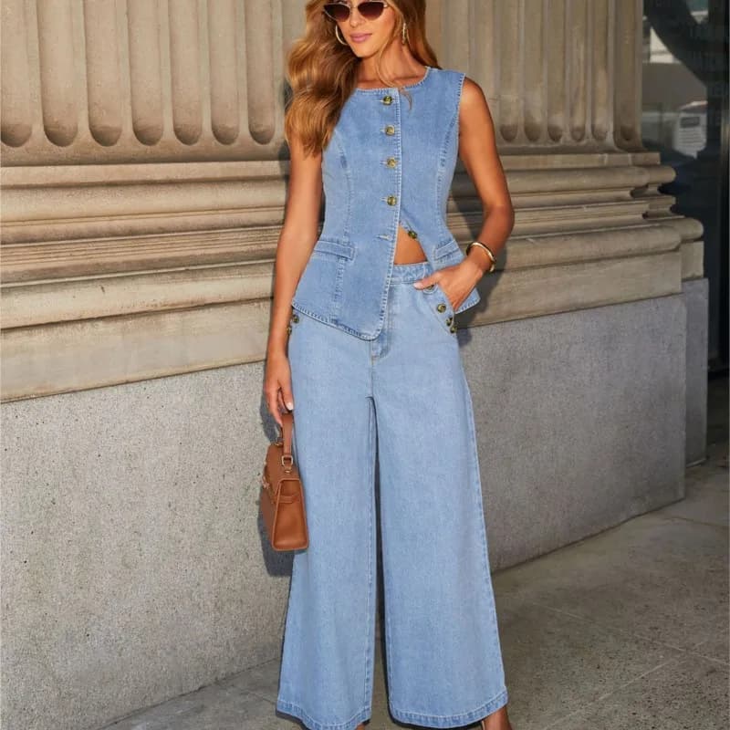 Streetwear Denim Set da 2 pezzi Completo da donna Abiti estivi Donna 2025 Gilet senza maniche Top Pantaloni a gamba larga Set Jeans Set da due pezzi