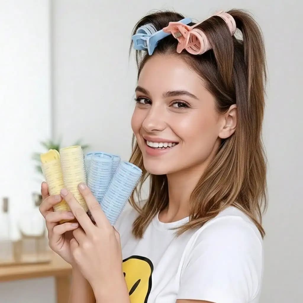 Get salon-quality curls now! A set of giant heat-free self-adhesive hair rollers for high-volume, lifted roots | Damage-free overnight curling iron & bangs styling tool, available in random colors: pink, blue, yellow, suitable for long hair