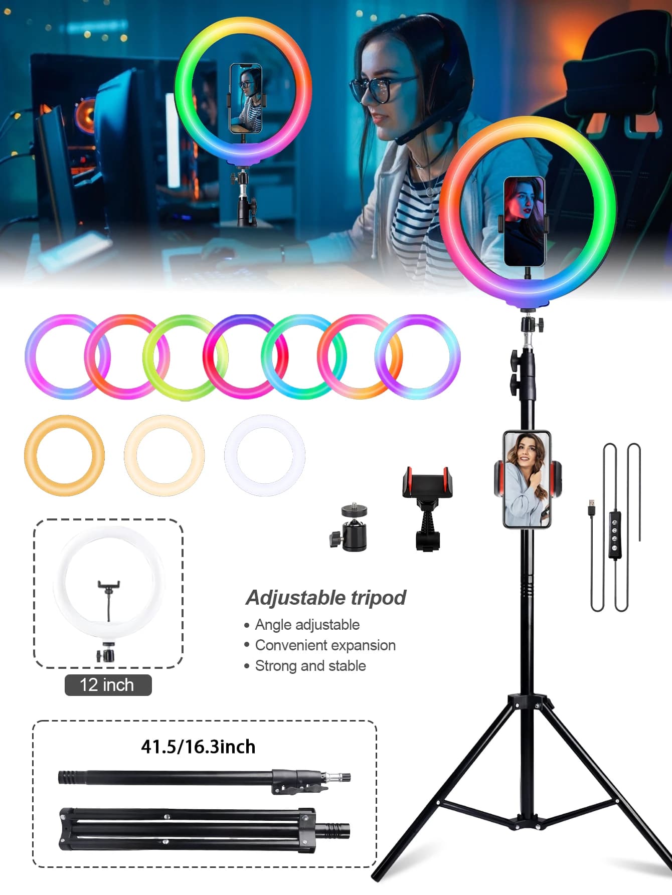 63" Extendable Tripod With 12inch RGB Ring Light, 2 Phone Stands & 160cm Selfie Stick, Photography LED Light