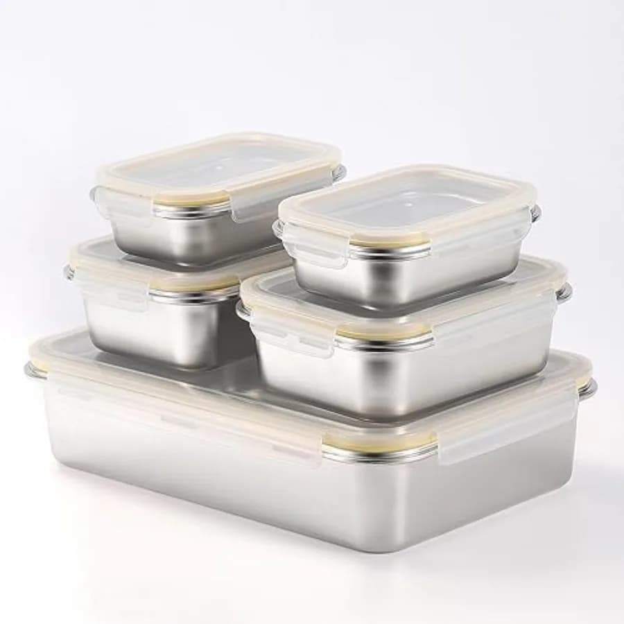 Set di Contenitori per Alimenti in Acciaio Inox 18/8, Vaschette per Preparazione Pasti, Teglie da Forno, Ermetici e Impilabili, Leggeri e Facili da Conservare