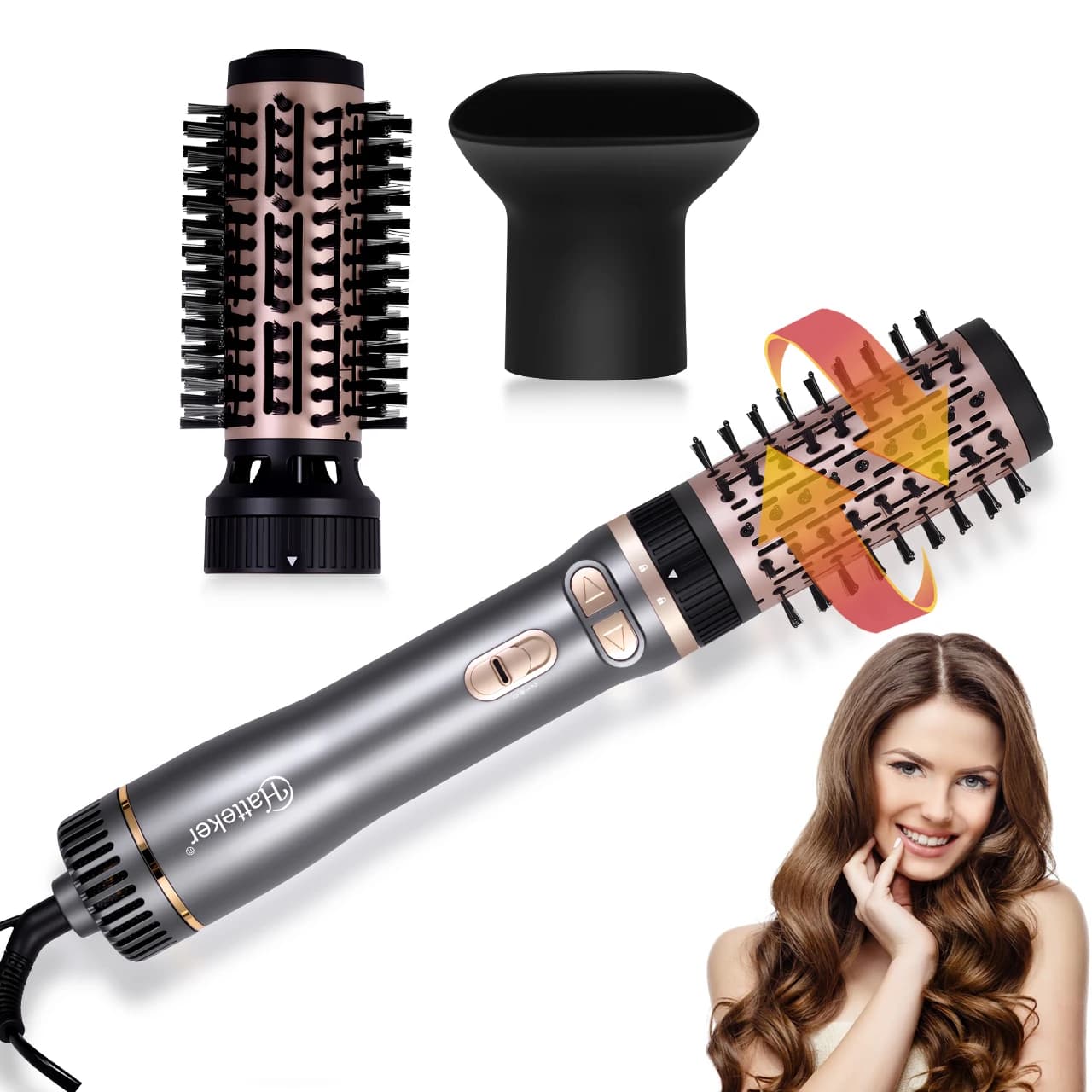 Hatteker EU 3-Head Hot Air Brush Hair Dryer Strong Wind Electric Straightener Curler Roller Comb Blower Styling Tool for Woman