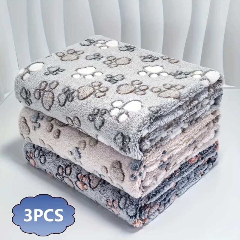 3pcs Flannel Pet Blanket Set with Cute Paw Print Pattern Double-Sided Thickened Warm Fluffy Comfortable Blanket for Cat Dogs