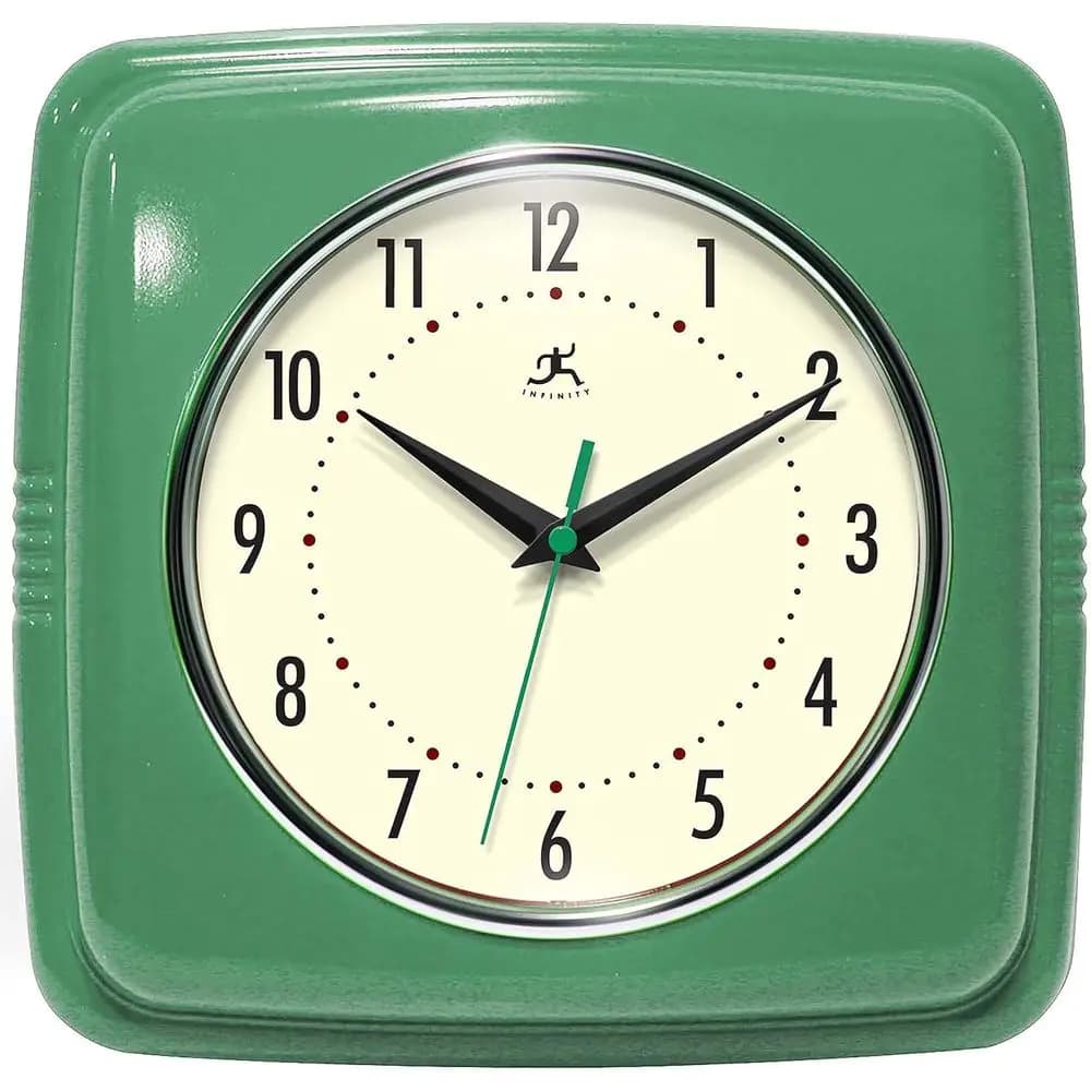 Retro 9 Silent Wall Clock, Century-Style Kitchen Diner, Green Quartz Sweep Movement