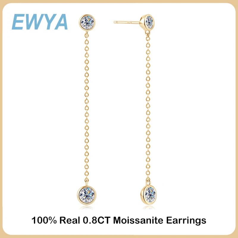 EWYA Real 0.8 Carat Moissanite Diamond Drop Earrings Women’s S925 Silver Plated PT950 Long Tassel Dangle Earring Fine Jewelry