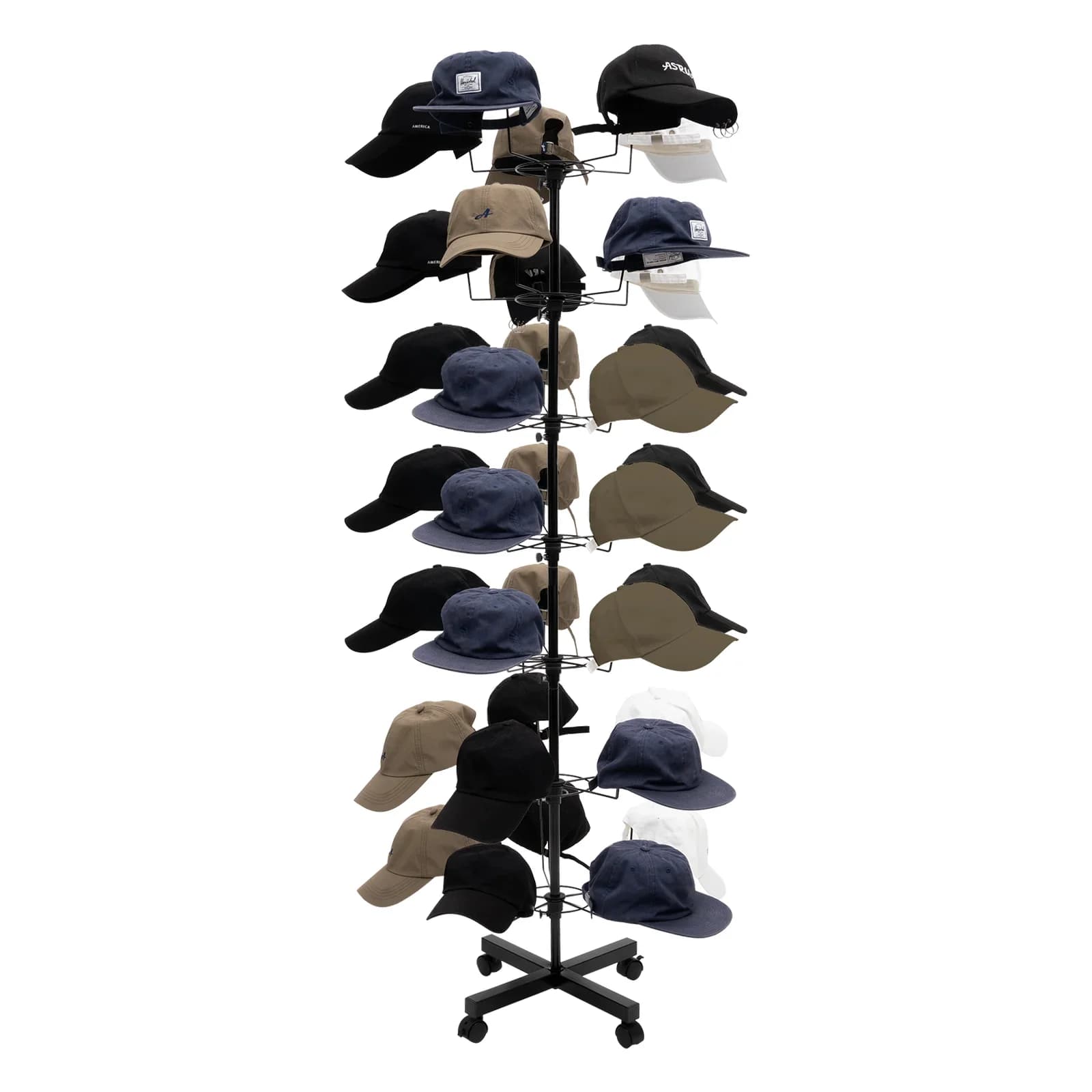 Rack for retail store with swivel holder for hat display 35 black metal hats at 7 levels