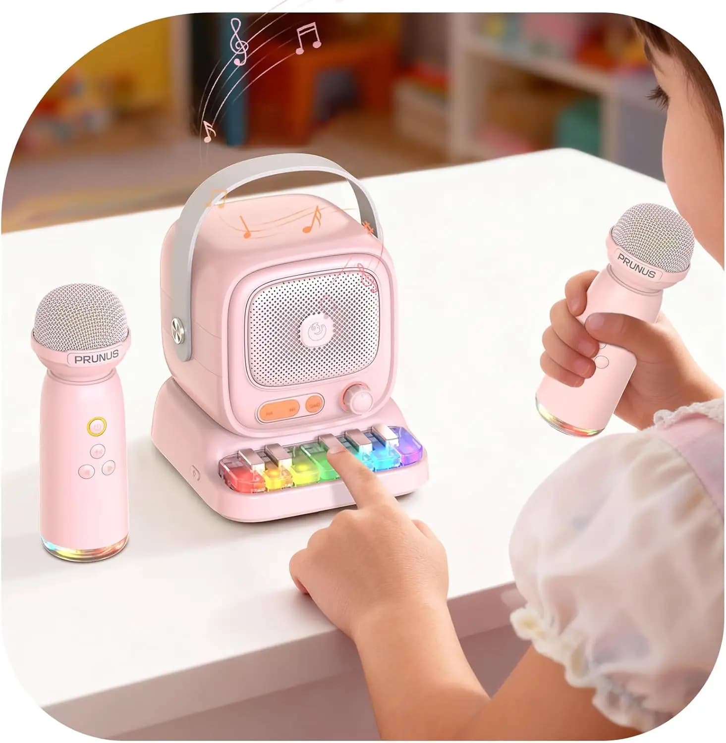 Mini macchina per karaoke colorata a 7 tasti con microfono wireless, altoparlante Bluetooth portatile per bambini dai 3 ai 12 anni+ come regalo di compleanno o di Natale