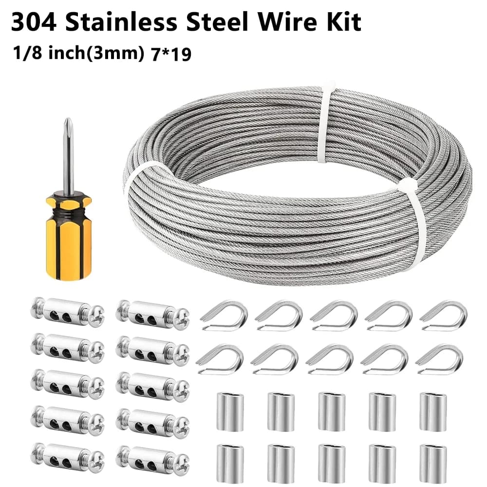 Cavo in acciaio inossidabile 304 da 1/8 di pollice (3 mm) per impieghi gravosi, kit di recinzione in filo metallico per giardino, tenda o recinzione esterna.