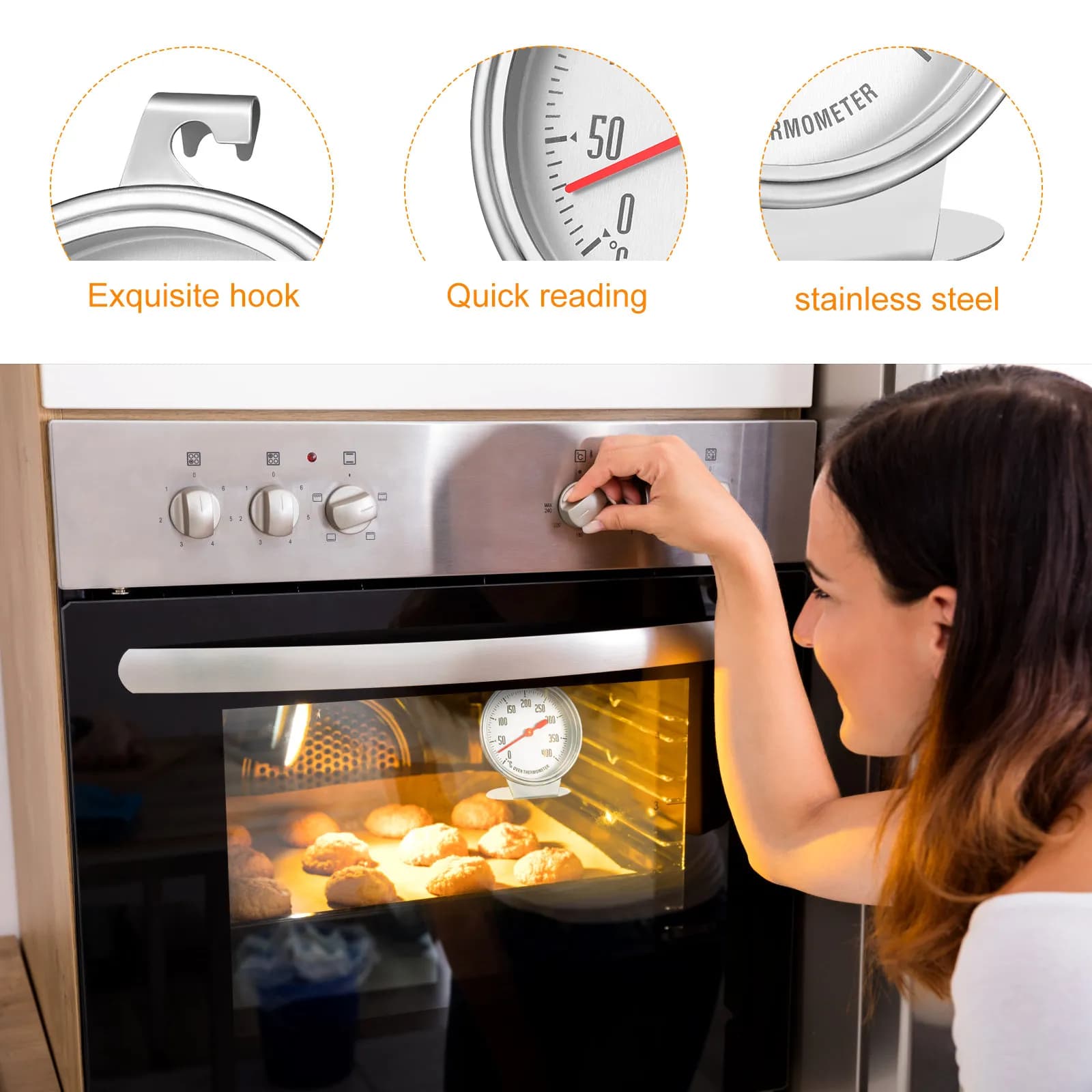 Stainless steel oven thermometer from 0-400 degrees Celsius, to hang or to rest, with large dial, for cooking, barbecue, measurement of meat temperature and food