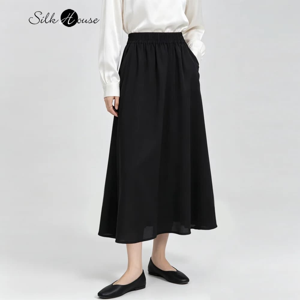 Gonna ampia da donna taglie forti, casual, nuova, nera, versatile, in 100% seta naturale di gelso, doppio crepe, semplice, con elastico in vita, tinta unita