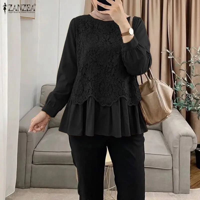 2026 ZANZEA Elegante Camicia da Lavoro a Maniche Lunghe, Top Donna Elegante con Pizzo, Blusa Musulmana Casual con Scollo a O, Blusas da Donna per Vacanze