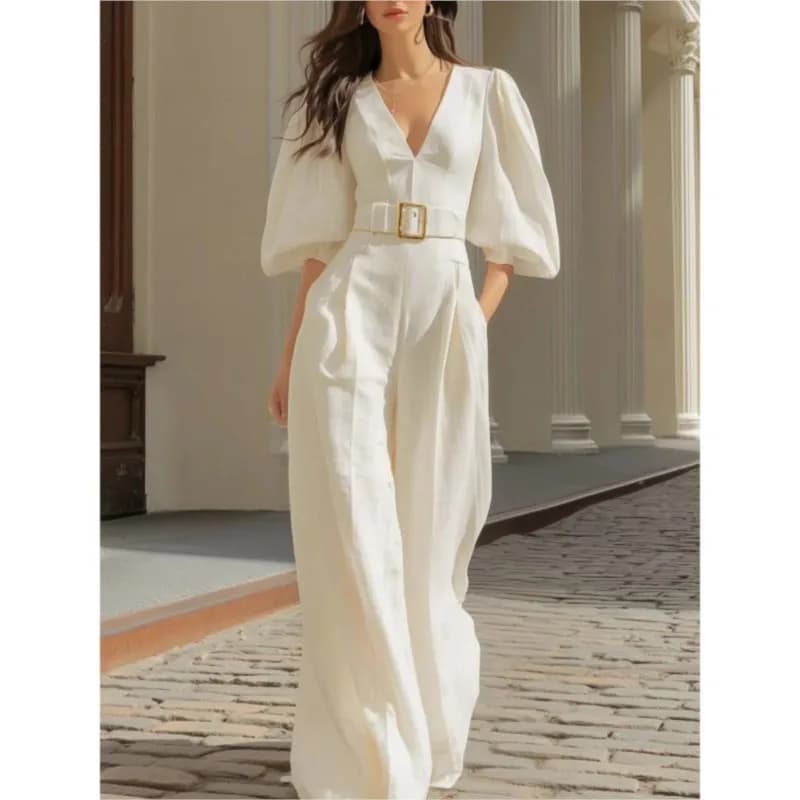Tuta Elegante da Donna con Scollo a V, Maniche a Sbuffo, Senza Cintura, Gamba Larga, Casual, per L'Ufficio, Urbana, da Pendolare, Business, Sexy