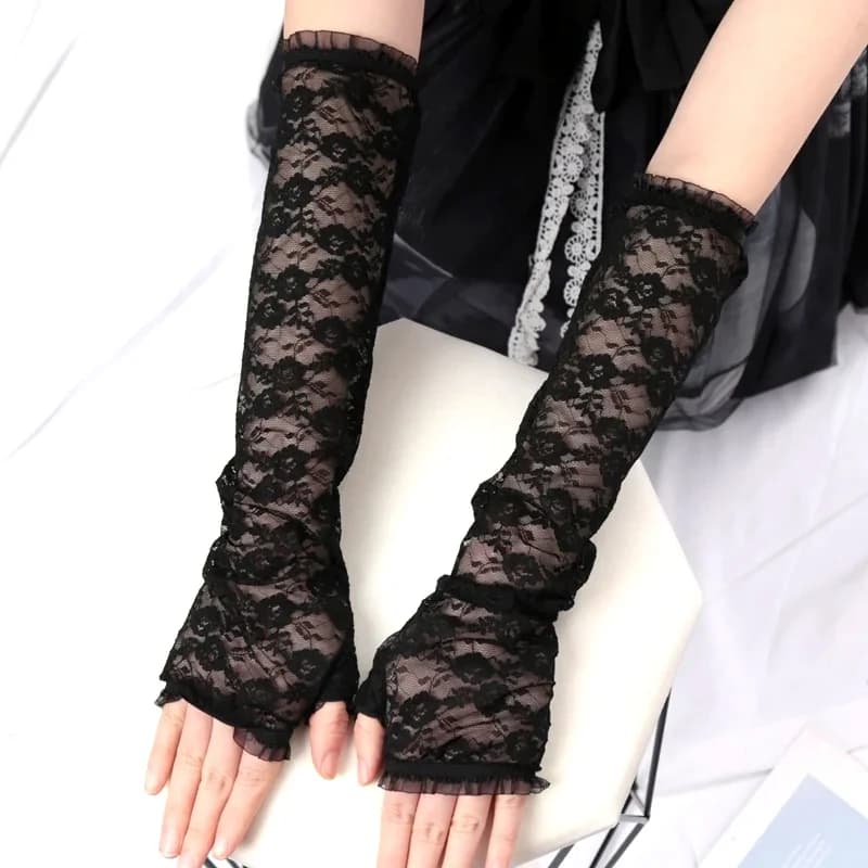 Cute Girls Summer Sunscreen Lace Arm Sleeve Women Long Mesh Yarn Arm Cover Sun UV Protection Fingerless Arm Cuffs Driving Gloves