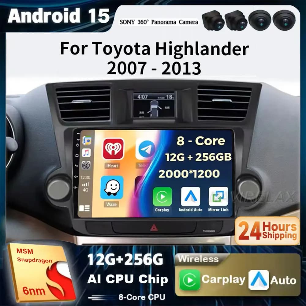 10 Radio For Toyota Highlander Kluger 2008 - 2014 2 Din Android 15 Car Radio Multimedia Video Player GPS Navigation 4G Carplay