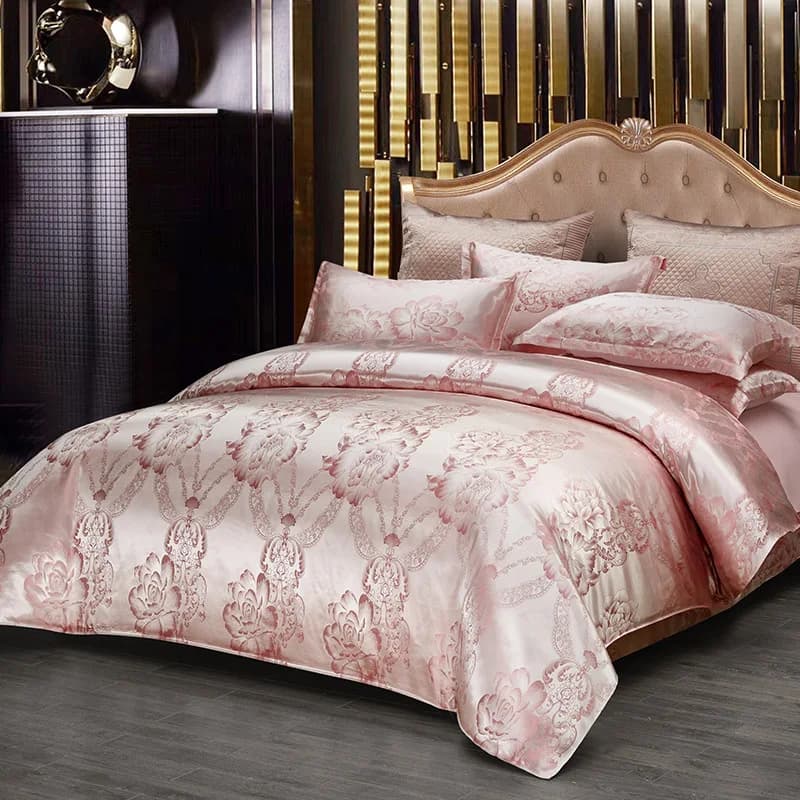 European Bedding Set Satin Silk Queen King Size Four-piece Set Gold Pink Bed Sheet Quilt Sets Wedding Jacquard Bedding Bed Set