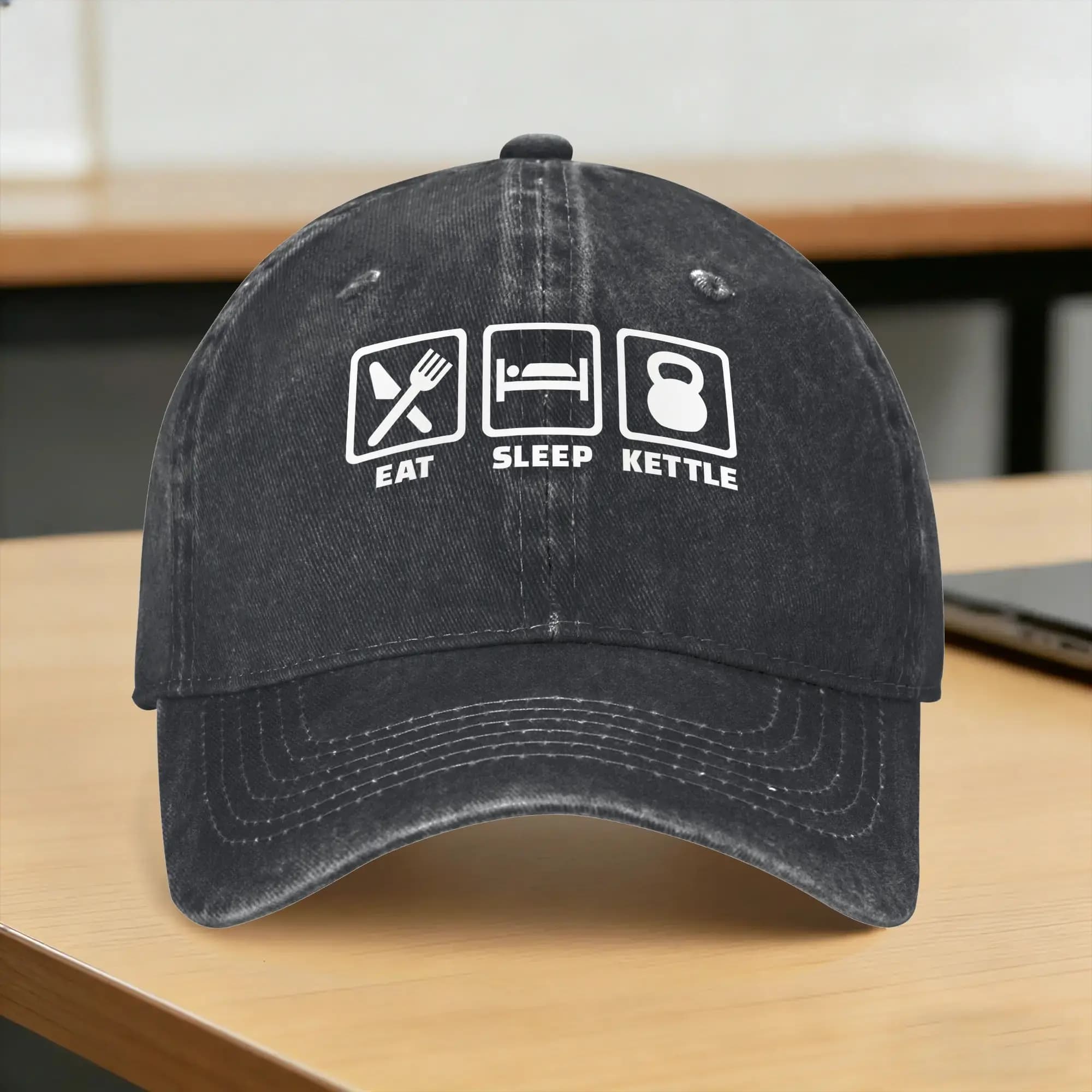 Eat sleep kettle kettlebell Sun Baseball Cap Fitted Retro Women Men Washed Trucker Hat High Quality Snapback Cap Gift Idea