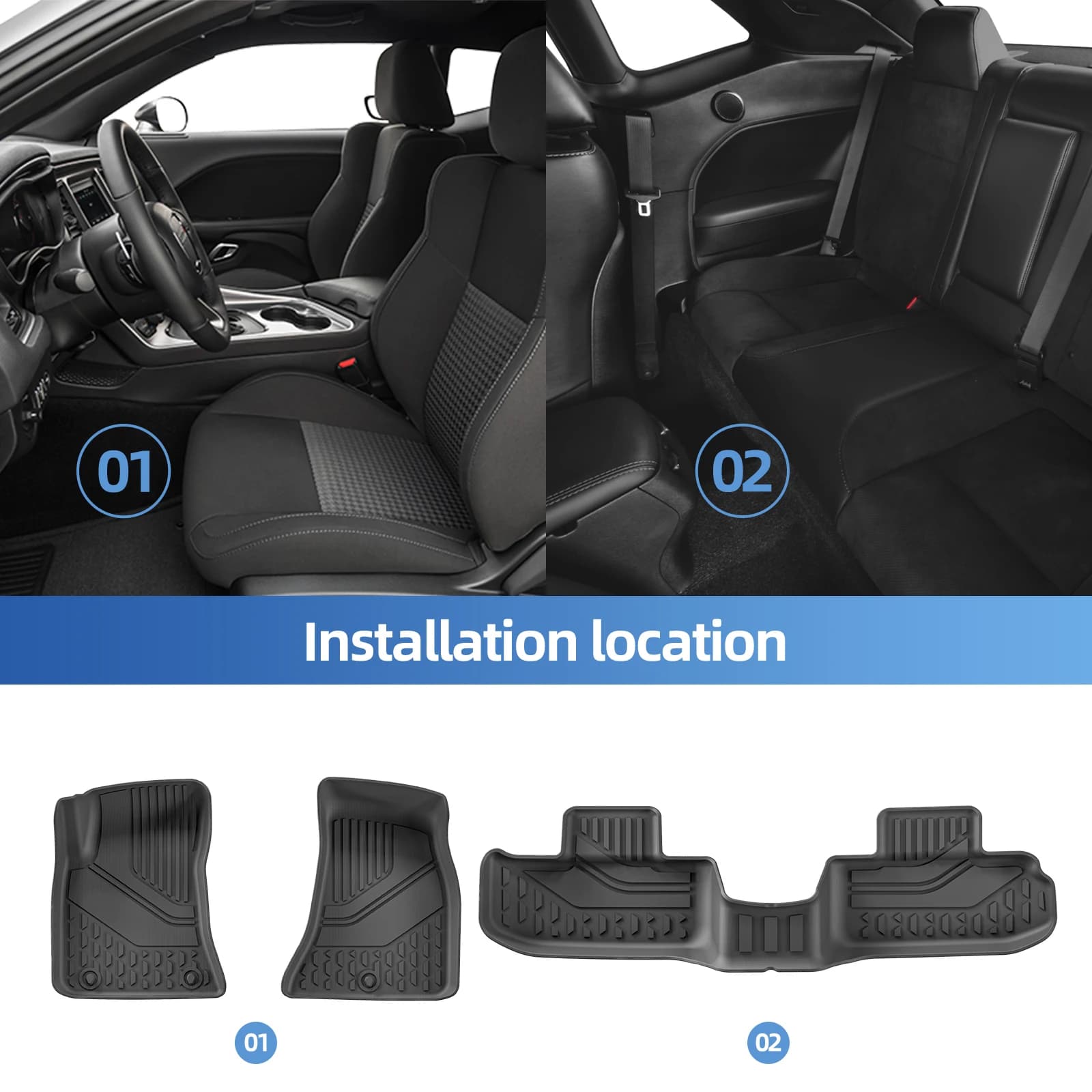 for 2011 - 2023 Dodge Challenger RWD (Not Fit AWD) Only US Version TPE 3D Car Floor Mats Cargo Liner Trunk Pad Accessories Black