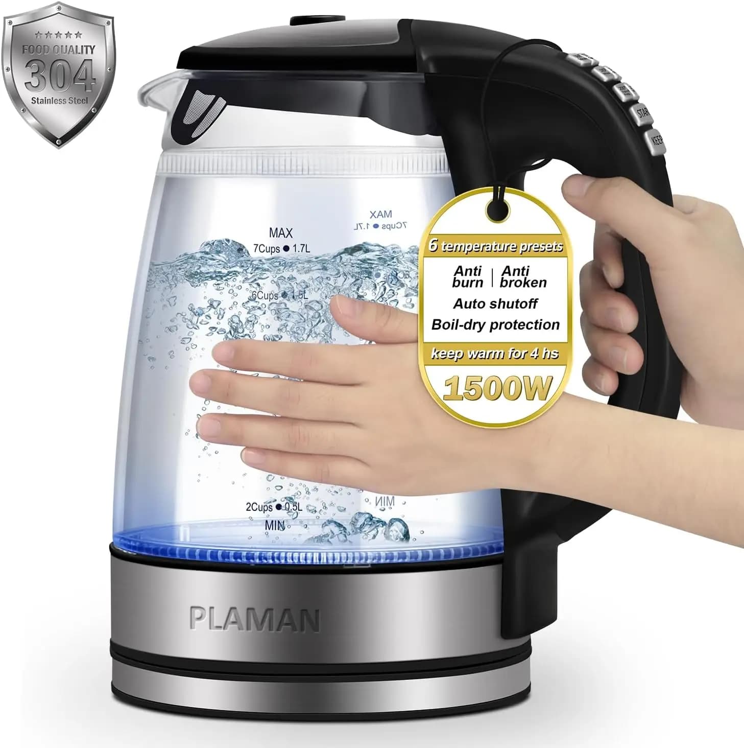 Bollitore elettrico da 1500W con 6 impostazioni di temperatura preimpostate per tè e caffè, doppia parete Cool-Touch, vetro borosilicato da 1,7L, bollitura rapida