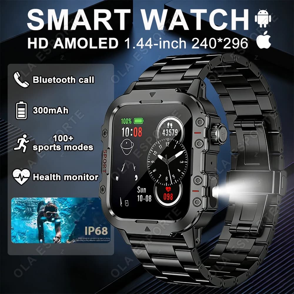 New Military Smartwatch 2026 for Men, Waterproof 3ATM, 1.44 Inch AMOLED HD Screen, Sports Tracker, Bluetooth HD Calls, Men's Bracelet