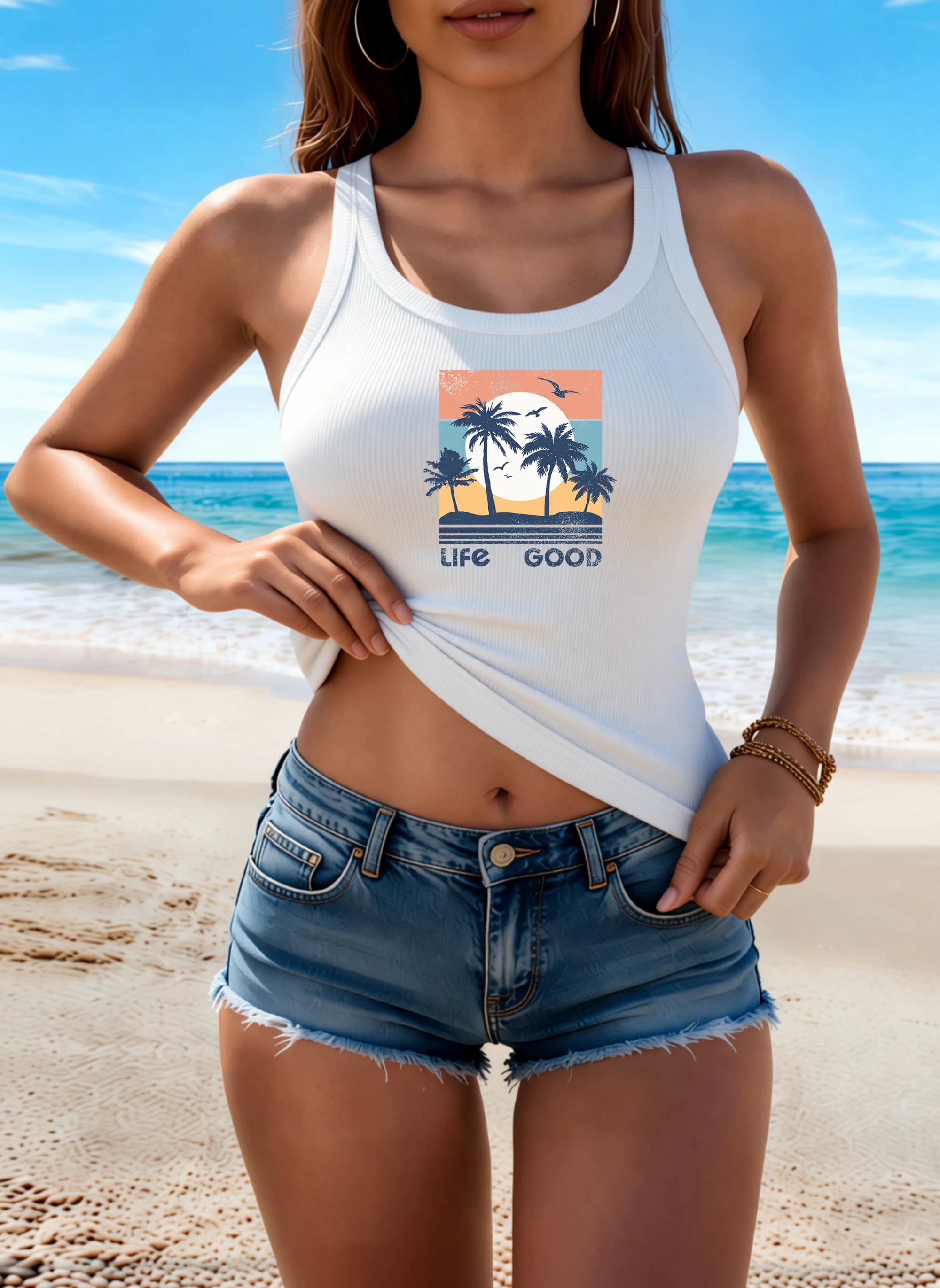 Canotta Estiva Casual da Donna in Cotone Elasticizzato con Stampa 'A Happy Life Is Beautiful', Stile Coreano, Senza Maniche