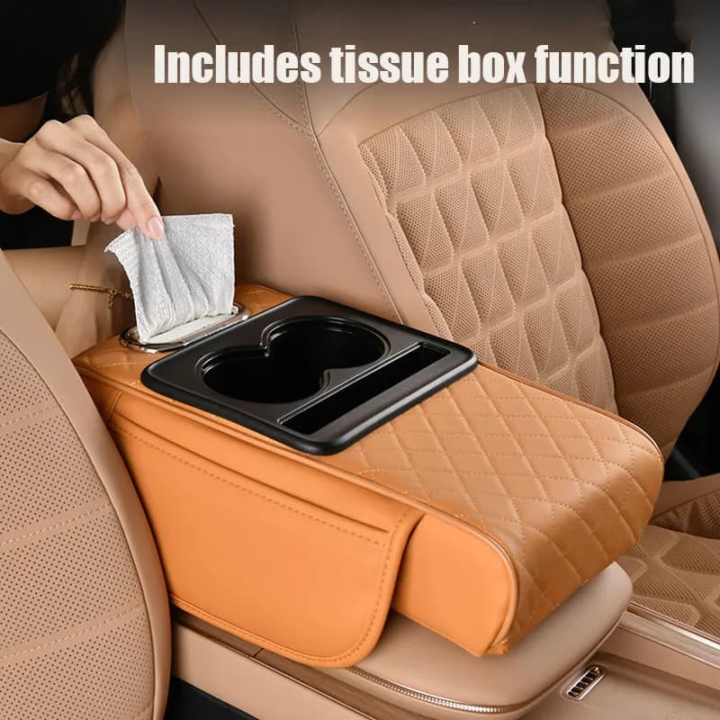 Car armrest cushion in memory foam thickened with portabicchieri pocketbile, box for built-in handkerchiefs, support pad for adjustable elbow