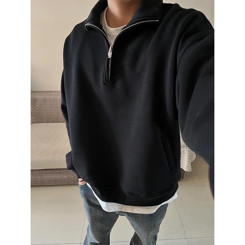 Black Stand Collar Half Zip Hoodie Men's Spring Autumn Heavyweight Hardwearing Overhead Jacket Premium Cool Outerwear