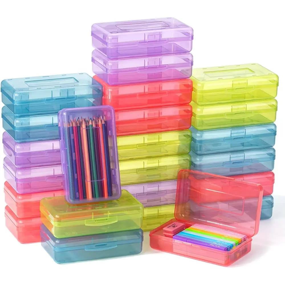 24-Pack Large Clear Plastic Pencil Case, Bulk Crayon Marker Organizer with Snap-Lid, School Supply Storage Boxes